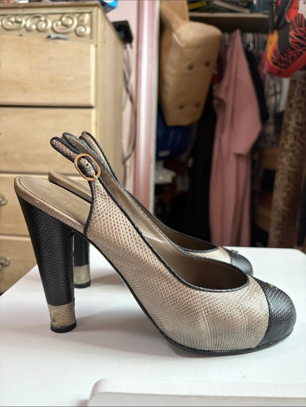 CHANEL Beige and Black Leather Slingback Pumps with CC Medallion